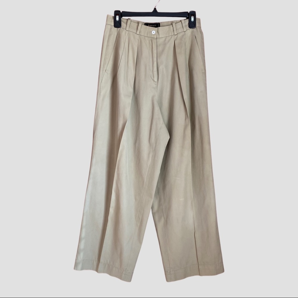 Rubinacci Cotton Tan Wide Leg Straight High Waist Pants IT44 ($450)